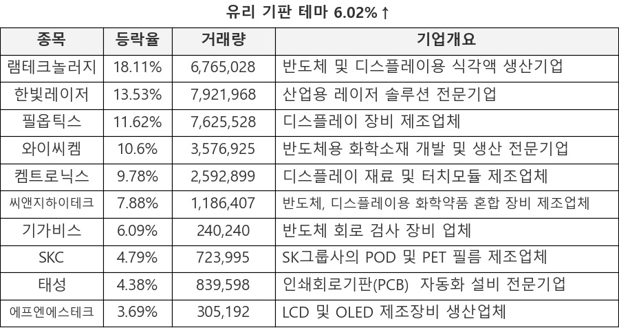 램테크놀러지, 한빛레이저, 필옵틱스, 와이씨켐, 켐트로닉스, 씨앤지하이테크, 기가비스, SKC, 태성, 에프엔에스테크