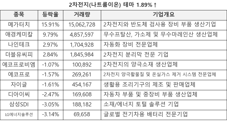메가터치, 애경케미칼, 나인테크, 더블유씨피, 에코프로비엠, 에코프로, 자이글, 디아이씨, 삼성SDI, LG에너지솔루션